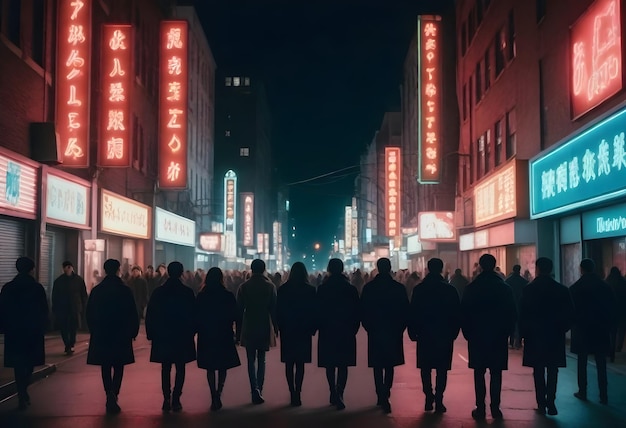 Foto varias personas con una edad promedio de 30 años caminando por una calle por la noche rodeadas de edificios
