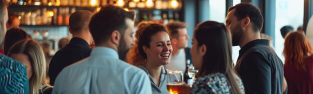 Foto varias personas están de pie hablando y bebiendo en un bar.