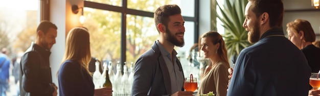 Varias personas están de pie hablando y bebiendo bebidas.