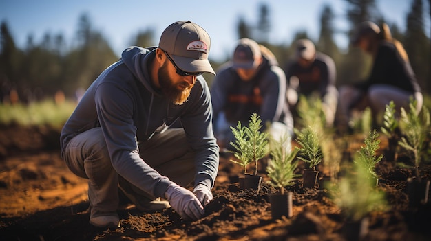 varias personas están plantando árboles en un campo con un sombrero IA generativa