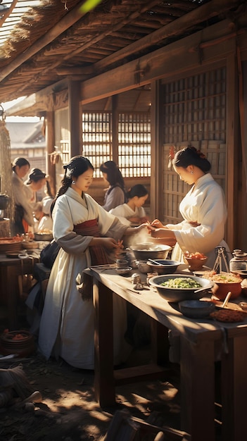 varias personas están preparando comida en una cocina tradicional coreana