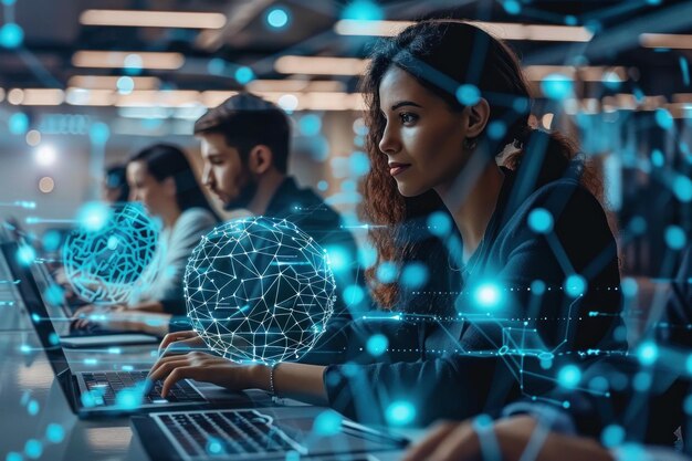 Foto varias personas están sentadas en escritorios en un espacio de oficina trabajando diligentemente en computadoras portátiles.