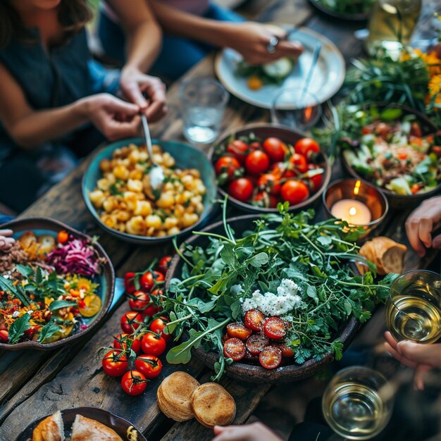 Varias personas están sentadas en una mesa con platos de comida generativa ai