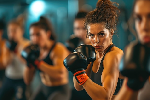 Varias personas con guantes de boxeo participan en una sesión de entrenamiento en un gimnasio Clase de kickboxing de alta intensidad en un gimnasio Generada por IA