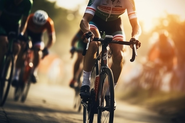 Varias personas montando bicicletas en una carretera con mucho polvo generativo ai