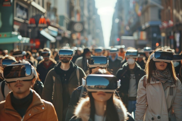 Foto varias personas en una multitud llevan auriculares de realidad virtual completamente inmersos en experiencias digitales