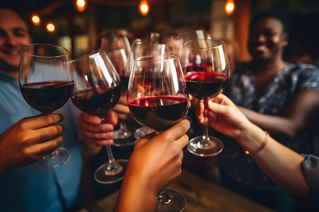 Foto várias pessoas brindando com copos de vinho com vinho vermelho generativo ai