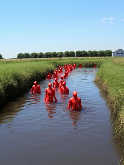 Foto várias pessoas em trajes vermelhos estão vagueando em um rio generativo ai