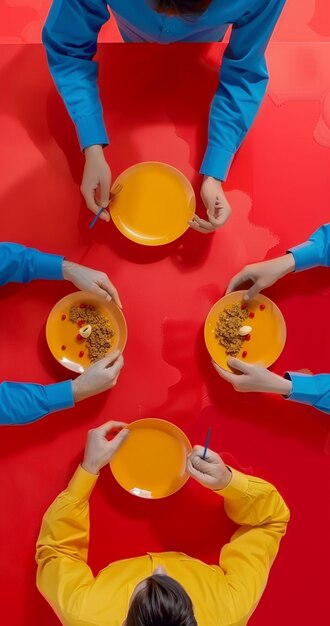 Foto várias pessoas estão comendo comida de pratos amarelos em uma mesa vermelha.