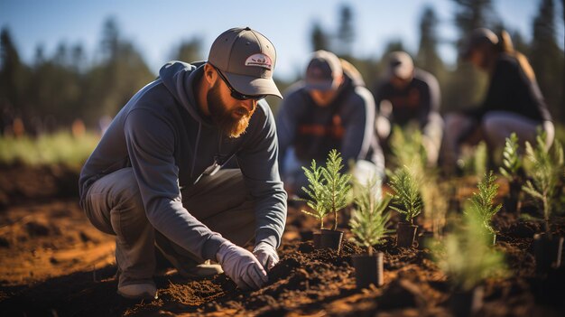 várias pessoas estão plantando árvores em um campo com um chapéu IA generativa