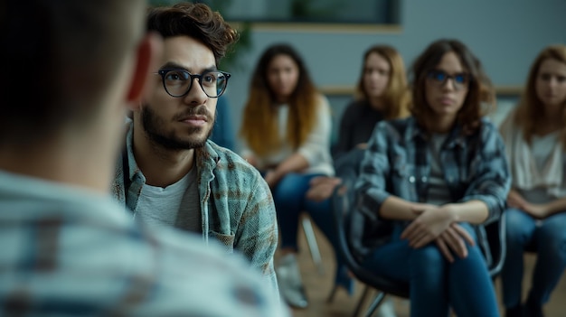 Várias pessoas sentadas numa sala a conversar ou a ouvir atentamente