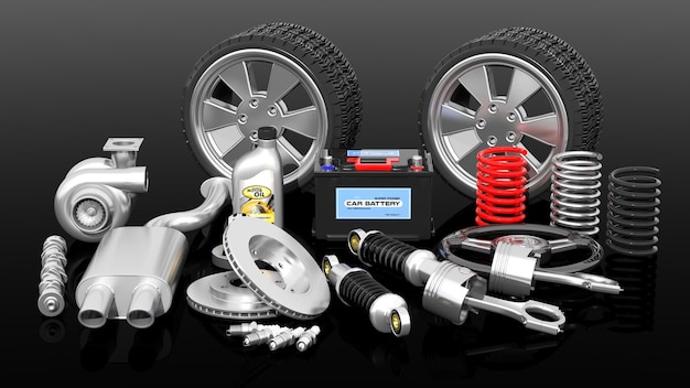 Varias piezas y accesorios de automóviles aislados sobre un fondo negro