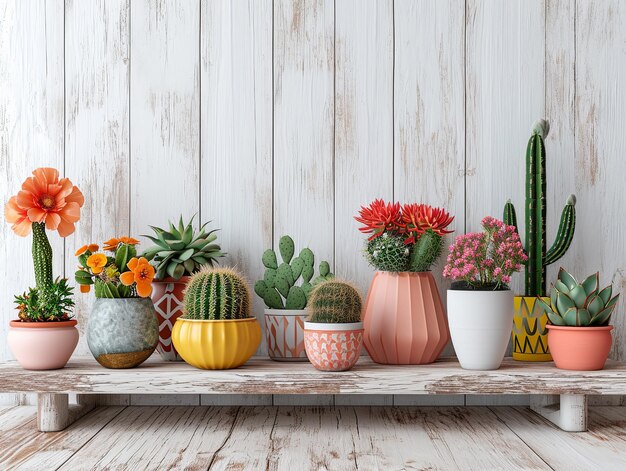 Foto varias plantas y cactus en la mesa de madera