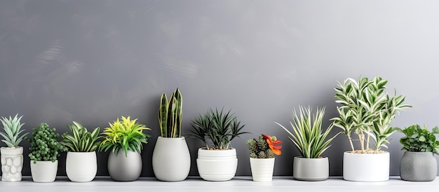 Foto varias plantas falsas diversas en macetas sobre una mesa de madera blanca junto a una pared gris