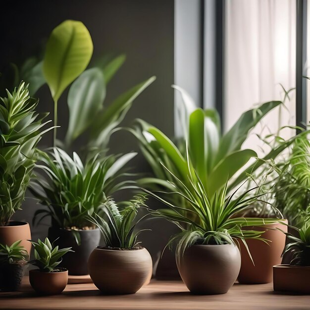 Foto varias plantas en maceta están alineadas en una mesa