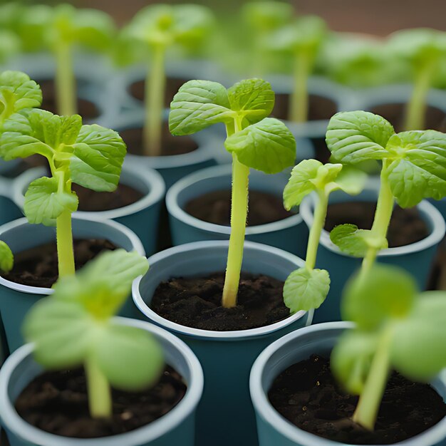 várias plantas pequenas em vasos com um que tem um fundo branco