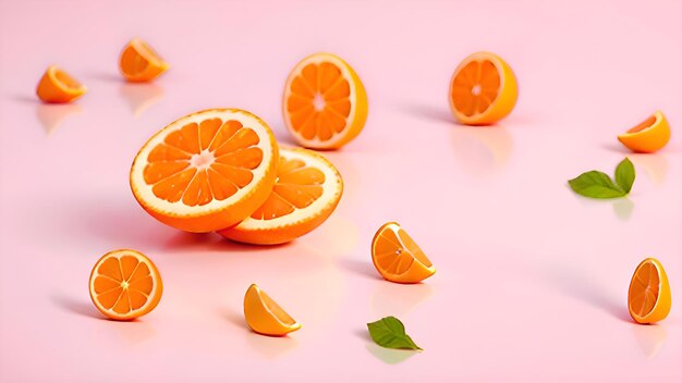 Varias rebanadas de naranja están en un fondo rosado