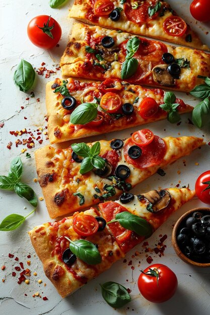 Foto varias rebanadas de pizza con tomates, aceitunas y albahaca