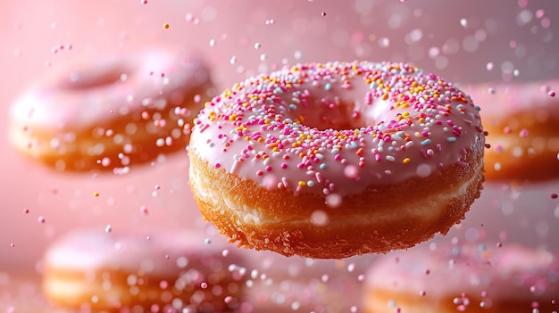 Varias rosquillas decoradas en movimiento cayendo sobre un fondo rosa