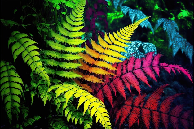 Foto várias samambaias coloridas crescendo no jardim criado com generative ai