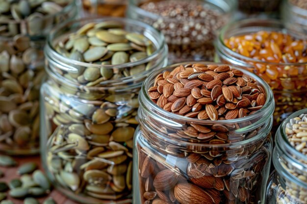 Varias semillas nueces semillas de calabaza semillas y varías en frasco de vidrio