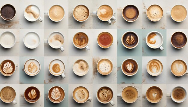 Varias tazas de café dispuestas en una mesa de piedra blanca capturada desde una vista aérea