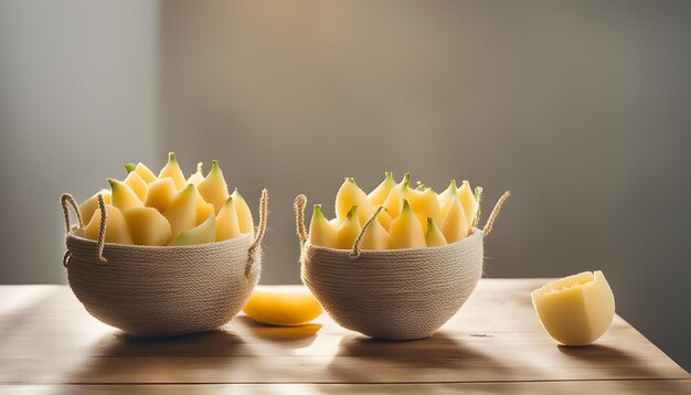 várias tigelas de cebolas amarelas sentadas em uma mesa, uma das quais tem um monte de bananas