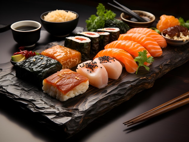 várias variantes de sushi que parecem muito saborosas atraentes adequadas para menus de restaurantes