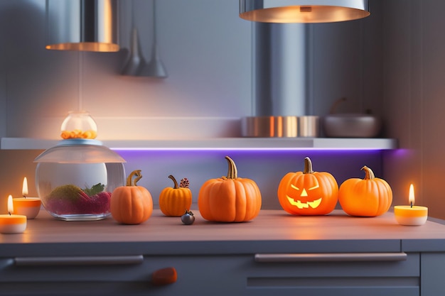 Várias velas e abóboras de halloween em uma bancada em uma cozinha americana AI generativa