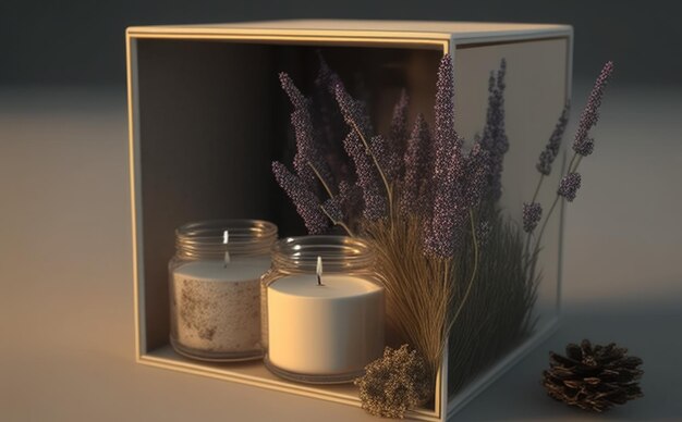 várias velas em uma jarra e um buquê seco de renderização 3D de lavanda