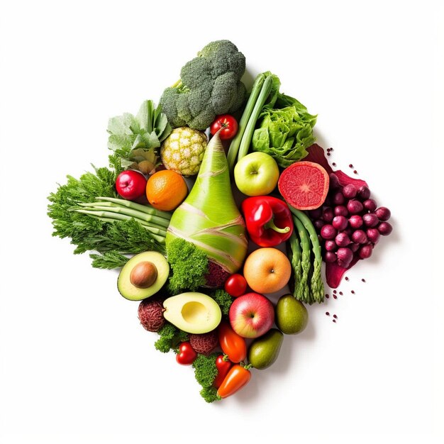 Varias verduras y alimentos saludables en círculo sobre fondo blanco.