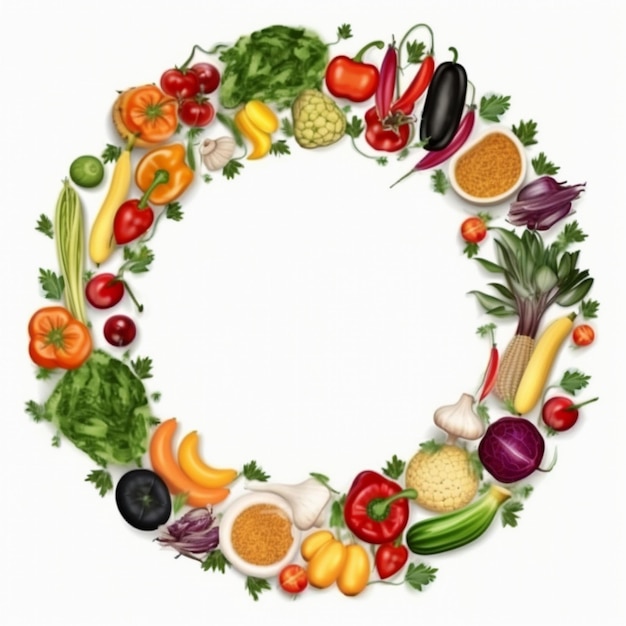 Varias verduras y alimentos saludables en círculo sobre fondo blanco.