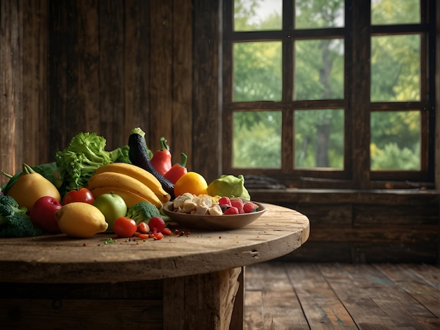 Varias verduras bayas frutas en la mesa de la cocina