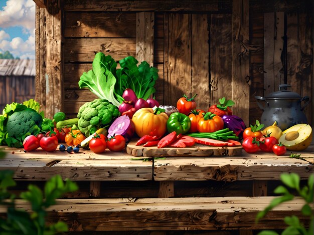 Varias verduras bayas frutas en la mesa de la cocina