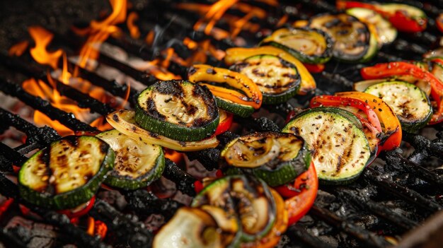 Varias verduras como pimientos, calabazas y setas se están asando en una barbacoa caliente