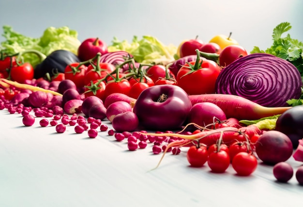 Varias verduras frescas están dispuestas sobre una mesa blanca.