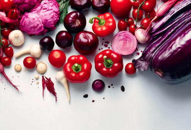 Varias verduras frescas están dispuestas sobre una mesa blanca.