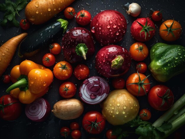 Varias verduras frescas con gotas de agua Cerca de fondo de cuadro completo vista superior