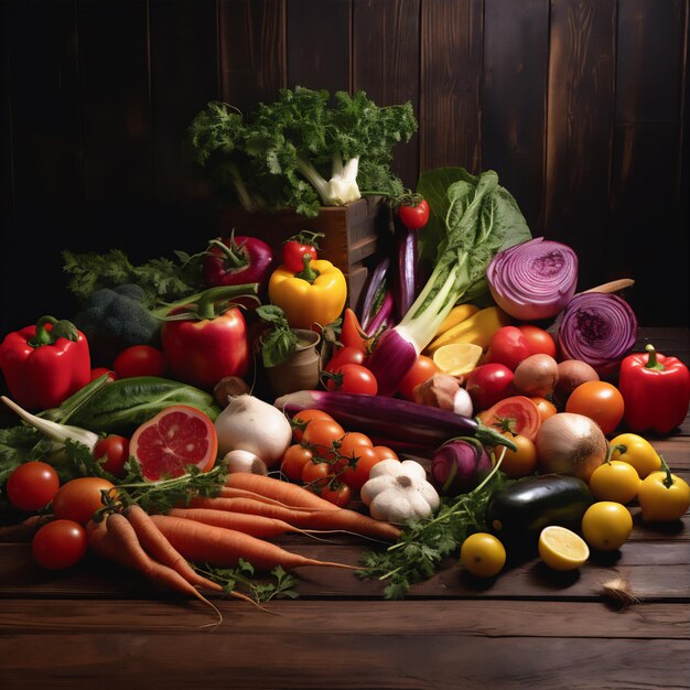 Foto varias verduras frescas y húmedas en lay3 plano de fondo de textura de madera luz dramática