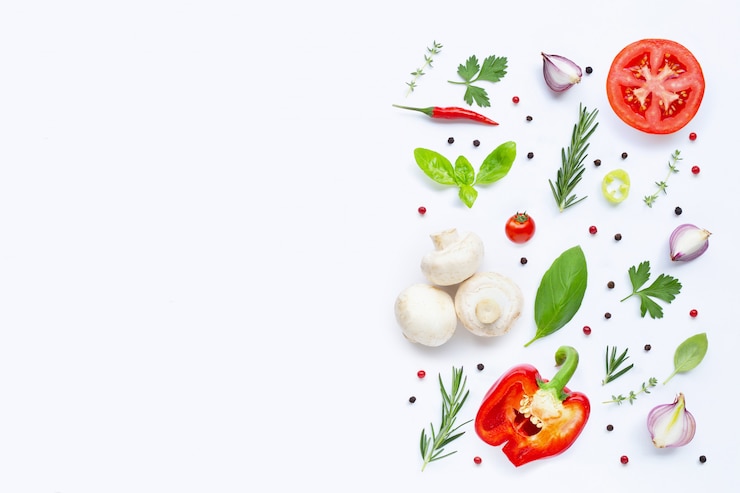 Foto varias verduras y hierbas frescas. concepto de alimentación saludable