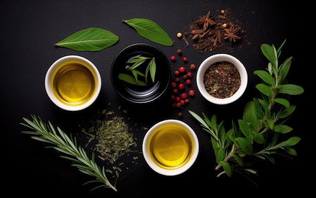 Una variedad de aceite de oliva y otros ingredientes sobre un fondo negro