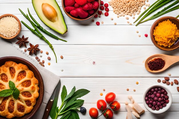 Una variedad de alimentos en una mesa blanca.