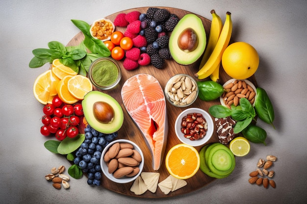 Una variedad de alimentos que incluyen aguacate, nueces y frutas se encuentran en una tabla redonda de madera.