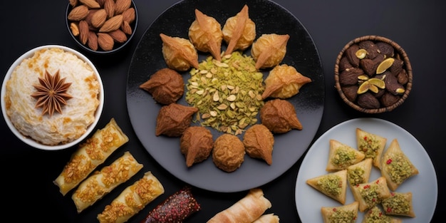 Una variedad de alimentos que incluyen muffins, pistachos, pistachos y pistachos.