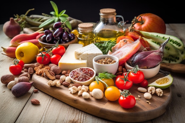 Una variedad de alimentos en una tabla de madera.