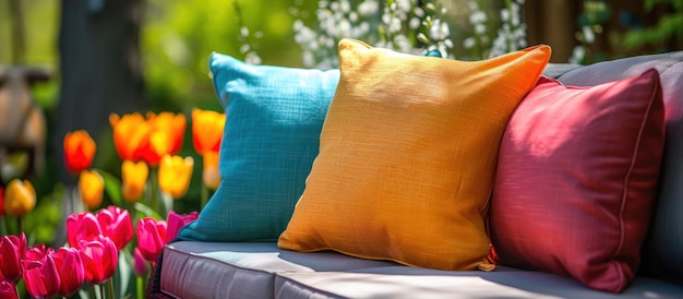 Una variedad de almohadas de colores en el sofá