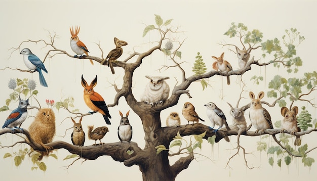 variedad de animales dentro y alrededor de las ramas de un árbol para mostrar un hábitat diverso