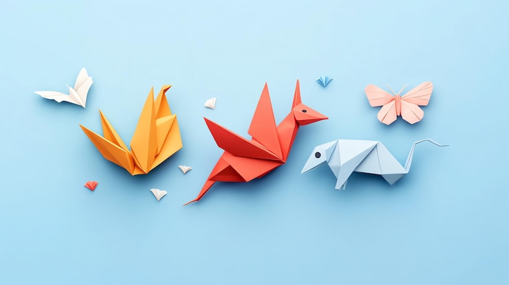 Foto una variedad de animales de origami coloridos sobre un fondo azul claro