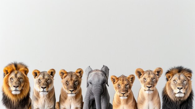 Foto una variedad de animales salvajes del zoológico, desde leones hasta elefantes, posados contra un fondo blanco, perfectamente adecuados para un banner web.