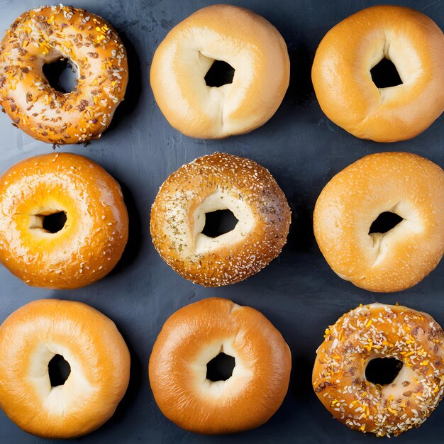 Foto variedad de bagels para el desayuno arreglados hermosamente en una foto plana para las redes sociales